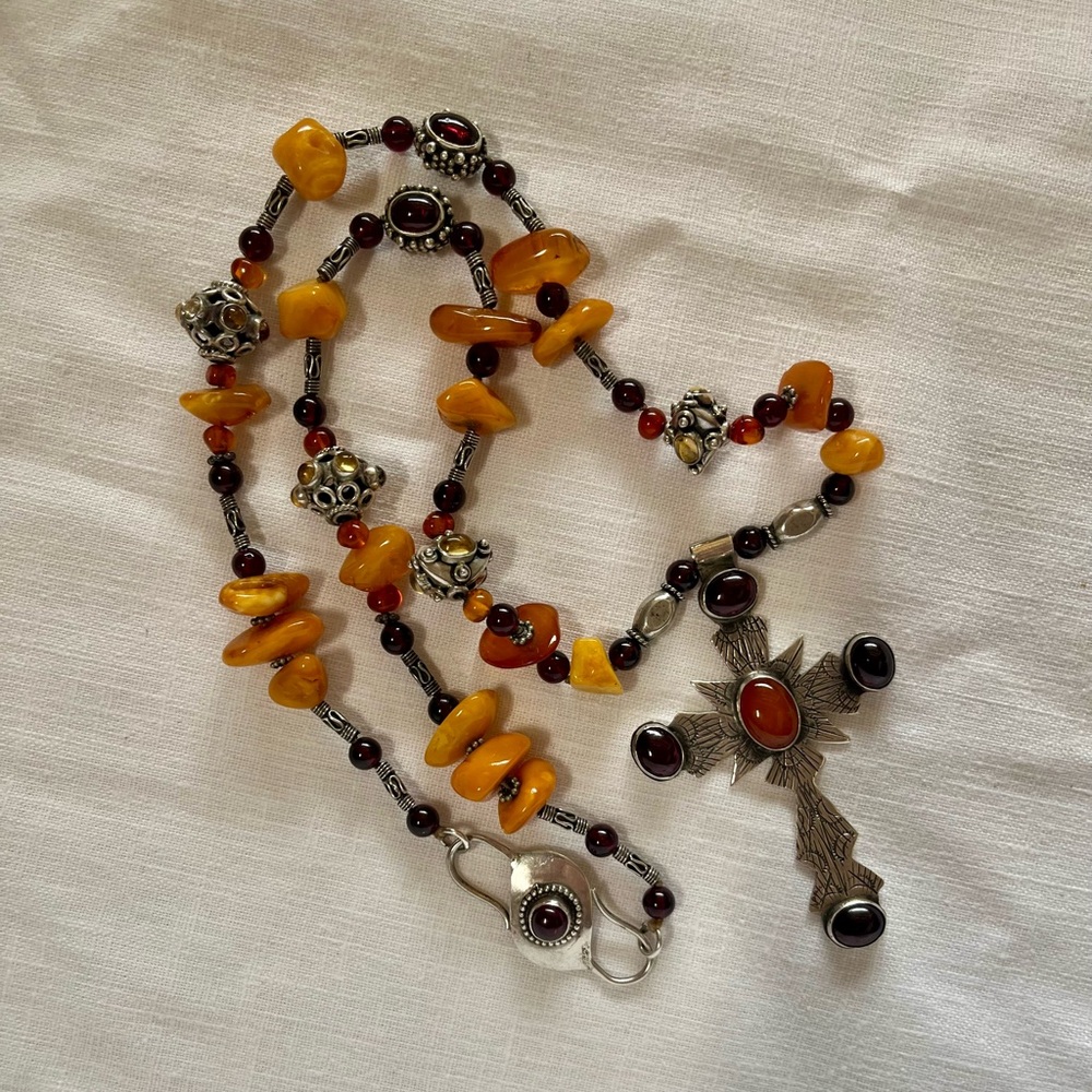 Amber Garnet Beaded Rosary Type Necklace Large Signed Sterling Cross in Gift Box